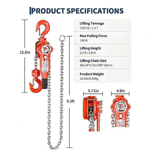 Garvee Manual Lever Chain Hoist – 1.5 Ton (3300 lbs) Capacity, 10 ft Lift – G80 Galvanized Steel Chain, Weston Double Pawl Safety Brake, 360° Swivel Hooks, Portable Heavy Duty Lifting Hook for Garage, Factory, Dock, Warehouse
