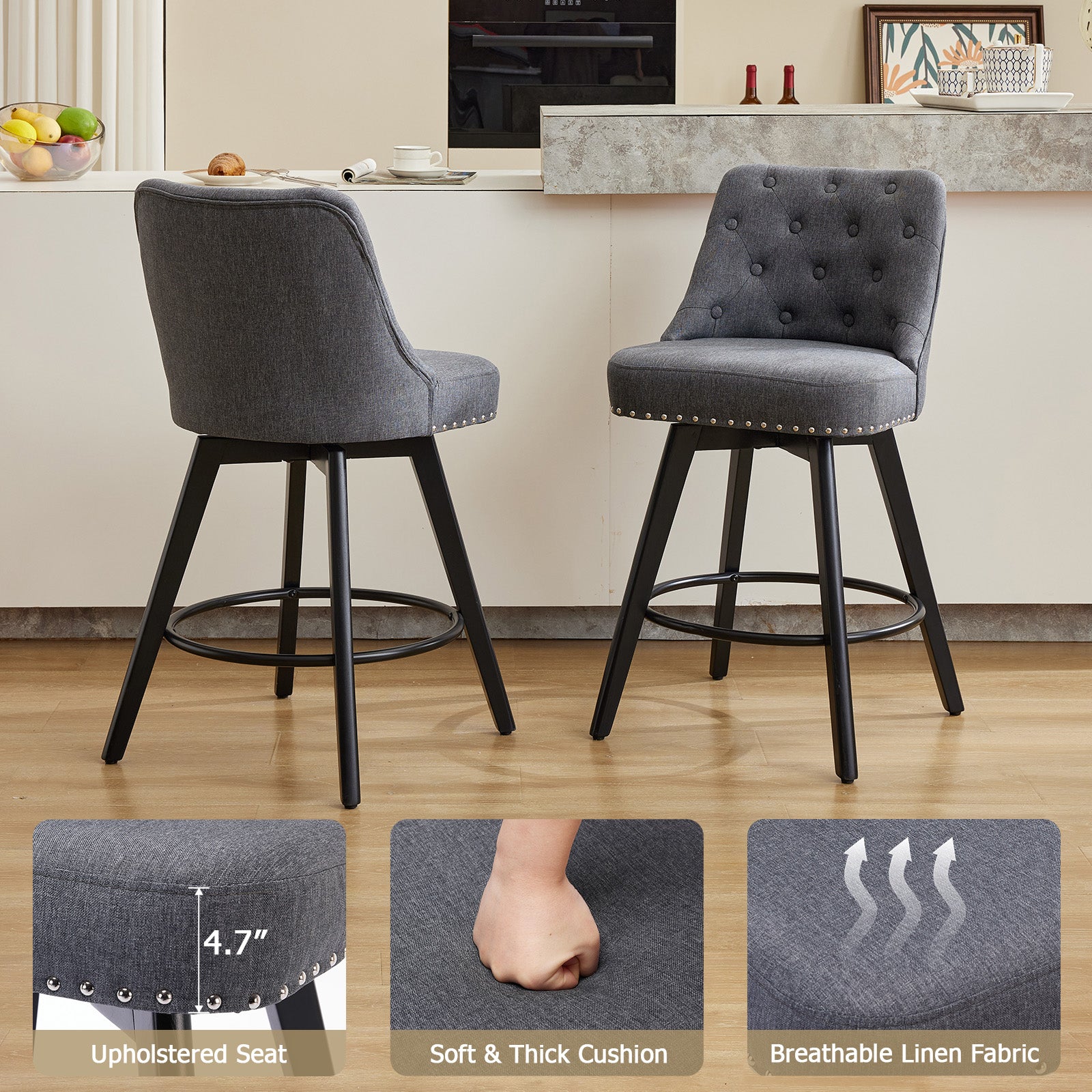 Garvee Counter Height Bar Stools Set of 2, Modern Swivel Bar Stools with Back and Wood Legs, 26" H Seat Height, Linen Fabric Gray for Kitchen Island Home Bar
