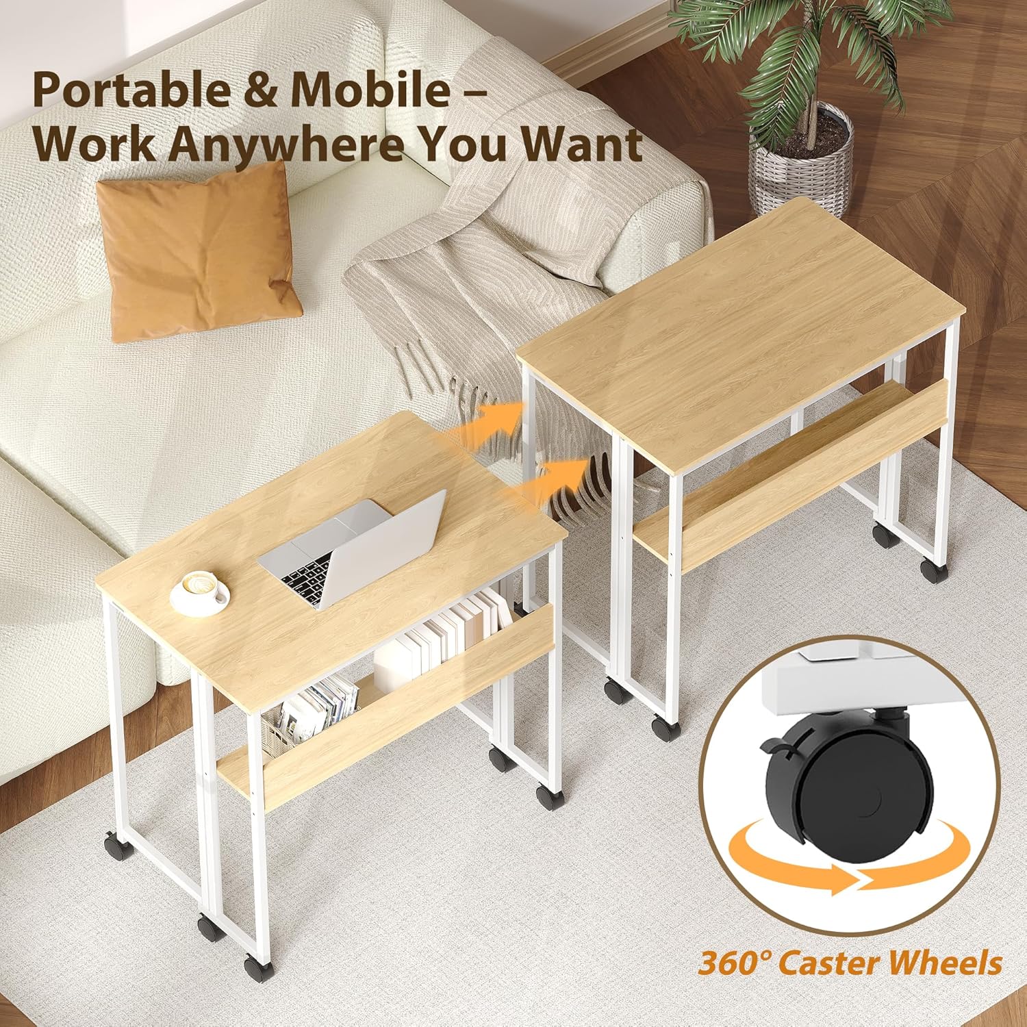 Garvee Folding Desk Small Rolling Desk with Storage Shelf for Home Office and Study, 24.8 Inch, Foldable, Space-Saving, with Wheels
