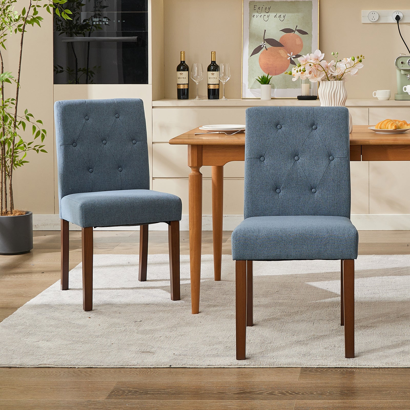 Garvee Parsons Button Tufted Dining Chairs Set of 2 - Upholstered Fabric Kitchen Chairs with Wood Legs & Padded Seats - Living Room Kitchen Furniture Blue