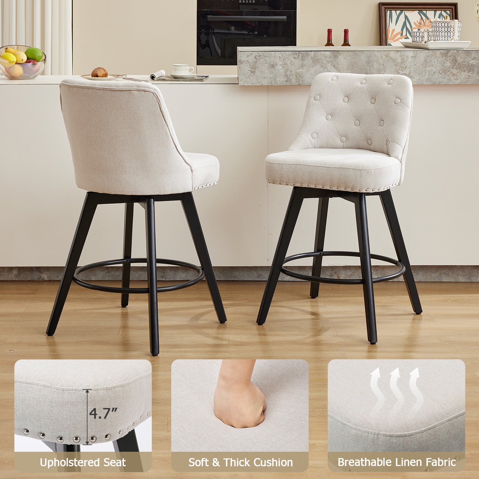 Garvee Counter Height Bar Stools Set of 2, Modern Swivel Bar Stools with Back and Wood Legs, 26 in Seat Height, Linen Fabric Beige for Kitchen Island and Home Bar