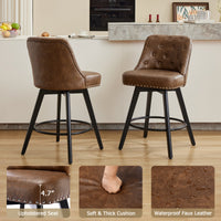 Garvee Counter Height Bar Stools Set of 2, Modern Swivel Bar Stools with Back and Wood Legs, 26" H, Leather Brown for Kitchen Island Home Bar