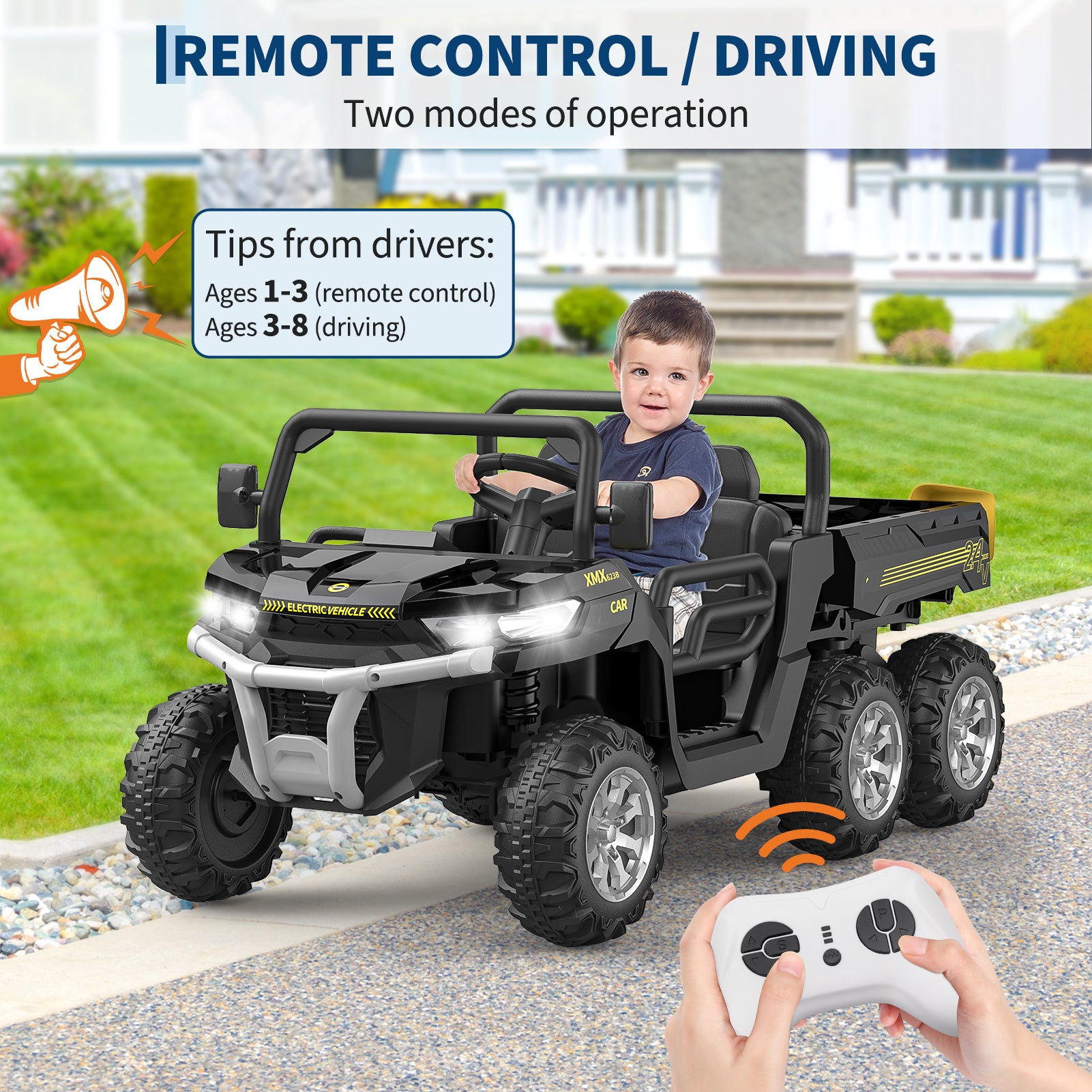 Garvee Camion benne électrique 24 V pour enfants, voiturette 2 places avec télécommande parentale, 4 roues motrices 6 roues, benne de style UTV, musique Bluetooth, noir