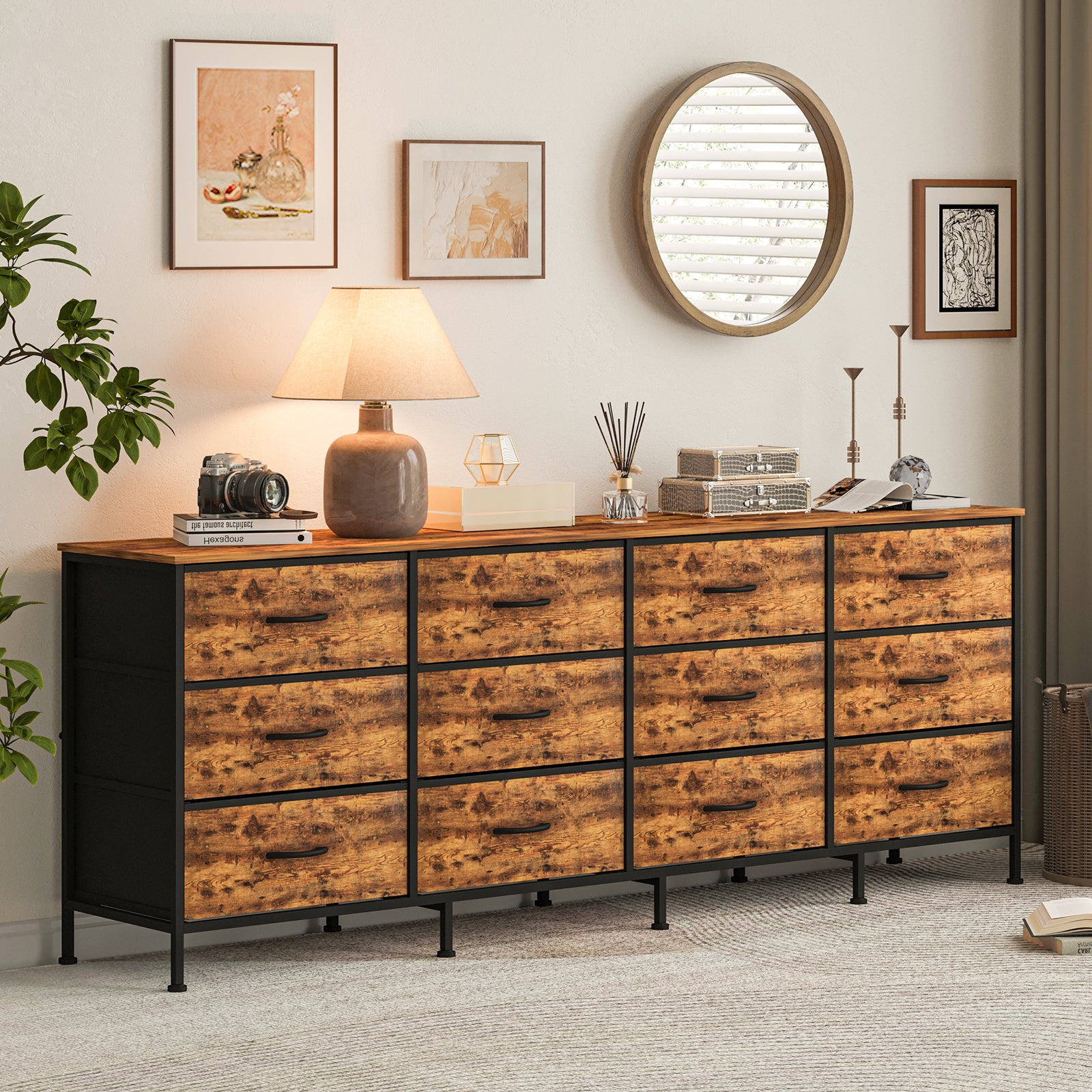 Garvee Commode à 12 tiroirs Grand meuble TV pour chambre à coucher, salon, 180 cm, tissu et bois rustique