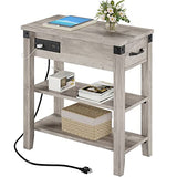 Garvee End Table with Charging Station, Narrow Side Table with Drawer and Storage End Table Wood Farmhouse Bed Side Table/Night Stand for Living Room Bedroom Office -Grey