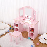 Garvee Girls' Vanity Table and Stool Set, Kids Makeup Dressing Table with Wood Makeup Playset Toy, Kids Vanity Set with Mirror & Drawer for Age 4-9, Pink