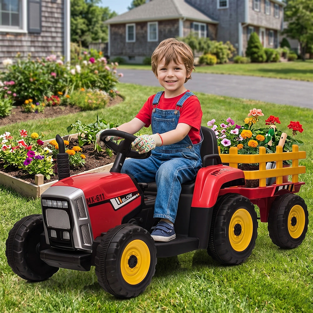 Garvee 12V Kids Ride On Tractor With Trailer & Remote Control, Toddler Electric Vehicle Car, 54in, Red