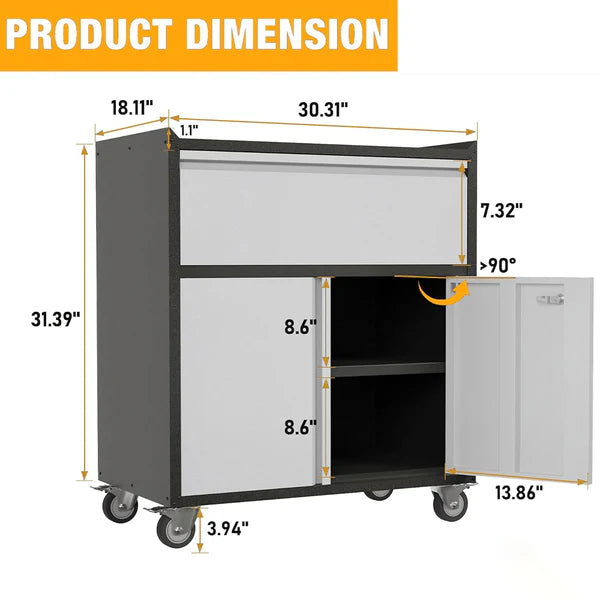 Garvee Storage Cabinet Tool Cart with 1 Drawer - Heavy-Duty Rolling Tool Box with Wheels, Metal Storage Cabinet and Drawers, Perfect for Garage, Warehouse, Workshop, and Repair Shop, Gray