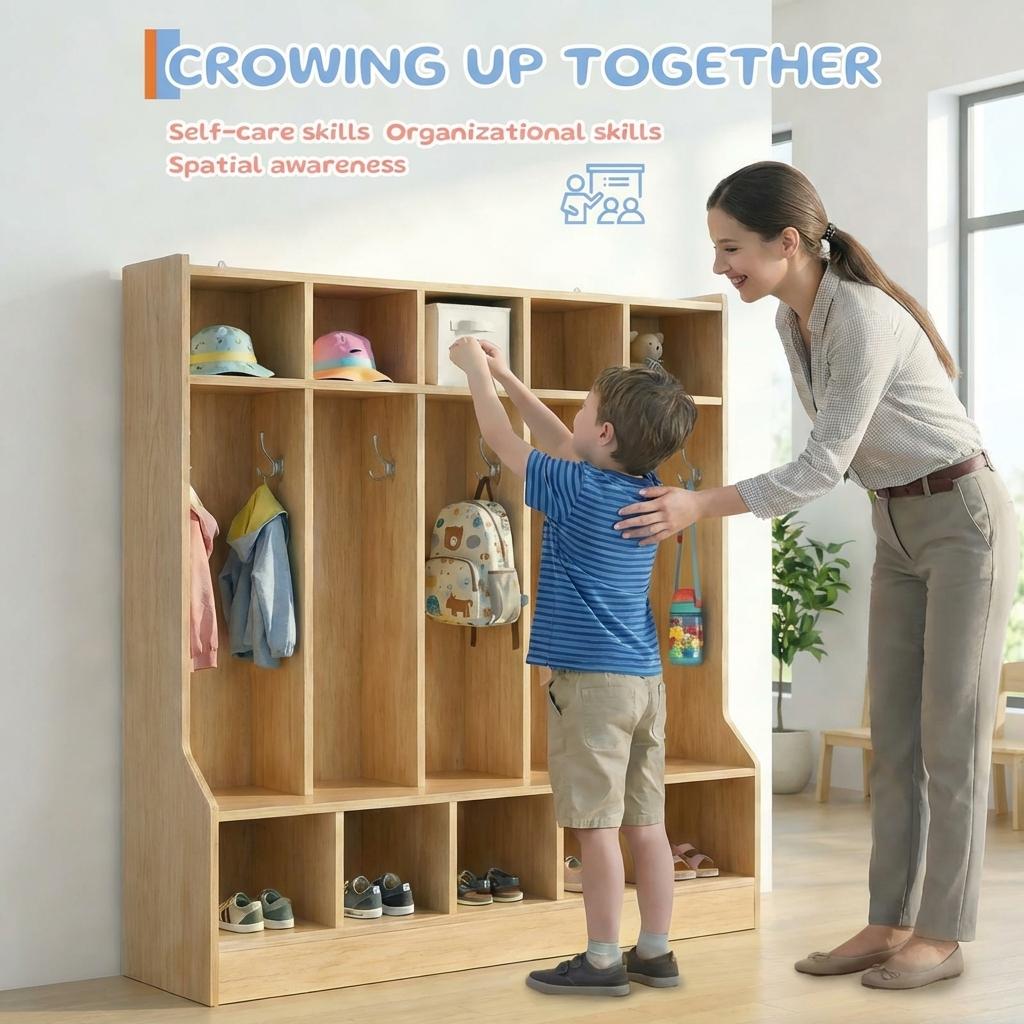Garvee Kids Coat Locker with Bench, 10 Cubbies, Smooth Wood Surface, Daycare & Classroom, Natural Wood Finish