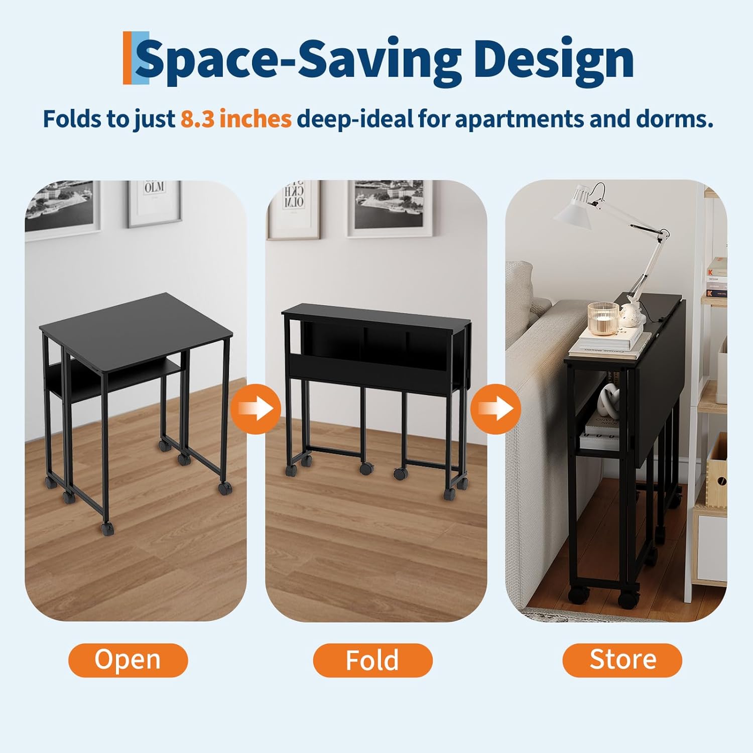 Garvee Folding Desk Small Rolling Desk with Storage Shelf for Home Office and Study, 24.8 Inch, Black, Space-Saving Foldable Computer Table