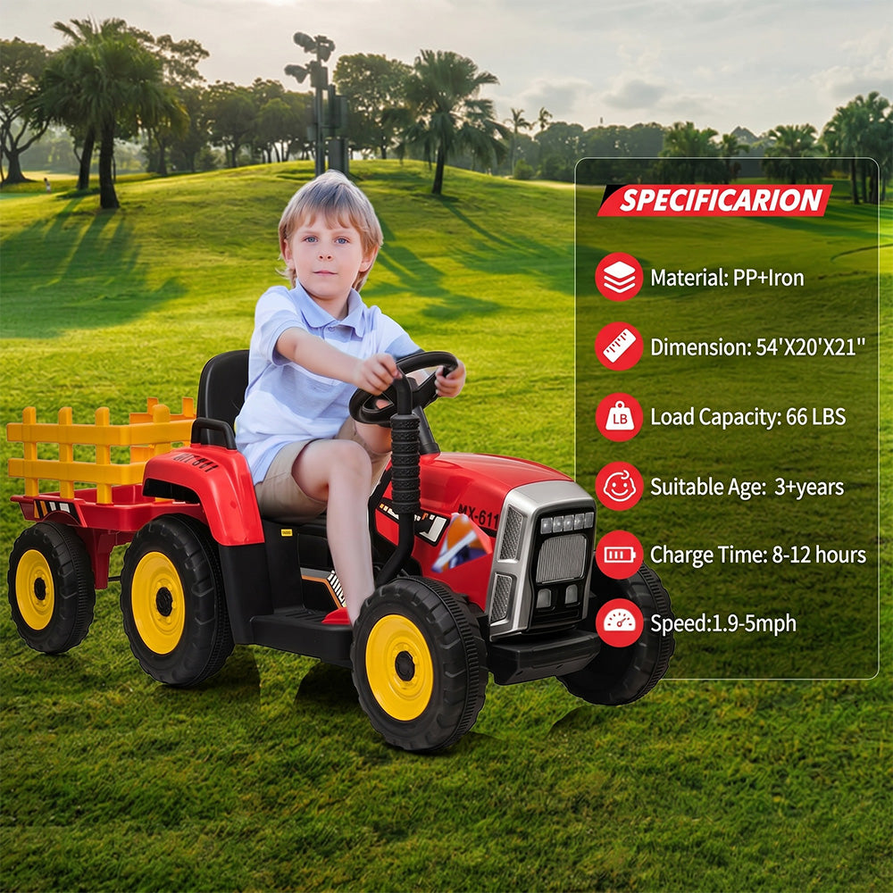 Garvee 12V Kids Ride On Tractor With Trailer & Remote Control, Toddler Electric Vehicle Car, 54in, Red