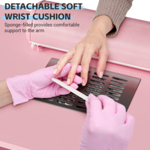 Table de manucure Garvee pour prothésistes ongulaires avec collecteur de particules électrique – Bureau portable avec 4 tiroirs, meuble latéral, roulettes verrouillables et repose-poignet, Station de beauté, Rose, norme US