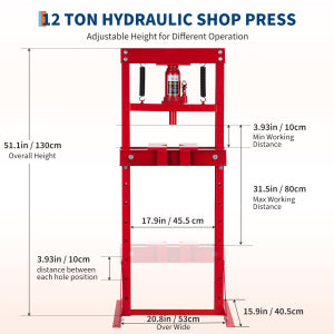 Garvee 12-Ton Hydraulic Shop Press with Press Plates, H-Frame Garage Benchtop Press with Adjustable Working Table, Red