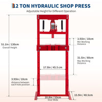 Garvee 12-Ton Hydraulic Shop Press with Press Plates, H-Frame Garage Benchtop Press with Adjustable Working Table, Red