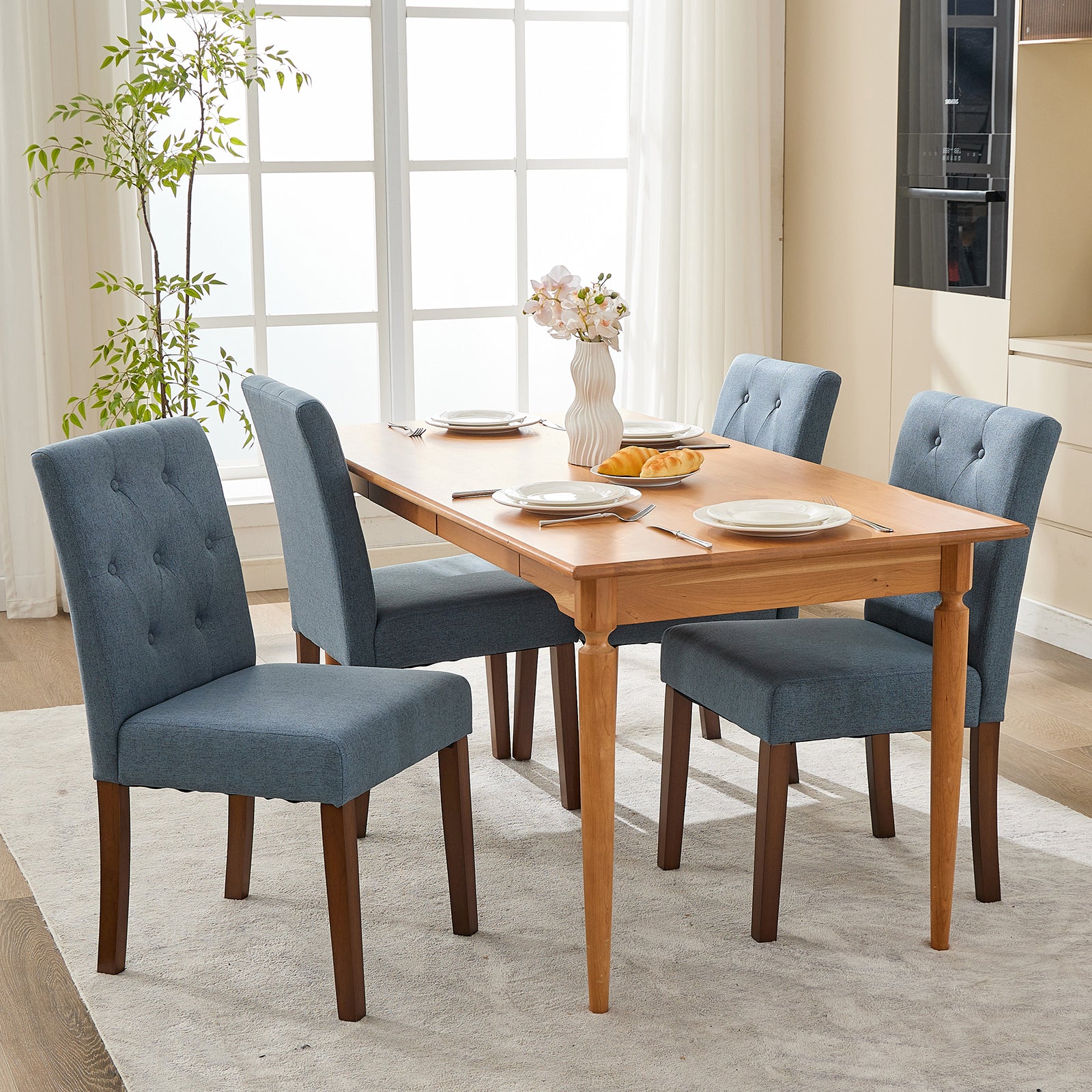 Garvee Parsons Button Tufted Dining Chairs Set of 2 - Upholstered Fabric Kitchen Chairs with Wood Legs & Padded Seats - Living Room Kitchen Furniture Blue
