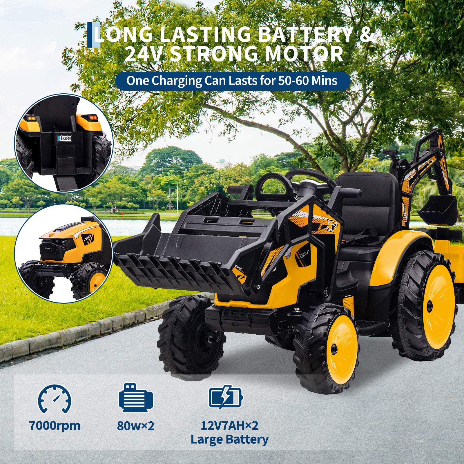 Garvee Ride P Series 3-in-1 Ride-On Tractor, 24V Electric, Excavator & Bulldozer, Remote Control, LED, Music, USB/Bluetooth max 66 lbs - Bright-Yellow