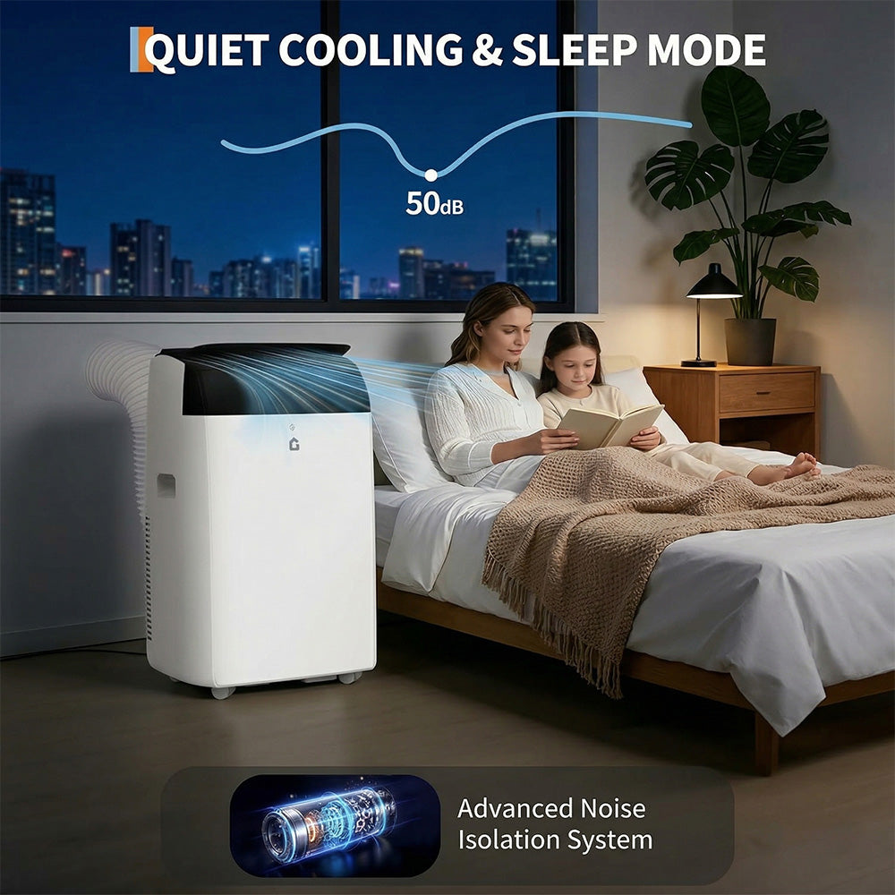 Climatiseur portable Garvee 14 000 BTU avec déshumidificateur et ventilateur, unités de climatisation portables refroidissant jusqu'à 70 m², télécommande, oscillation automatique, mode veille, plateau blanc