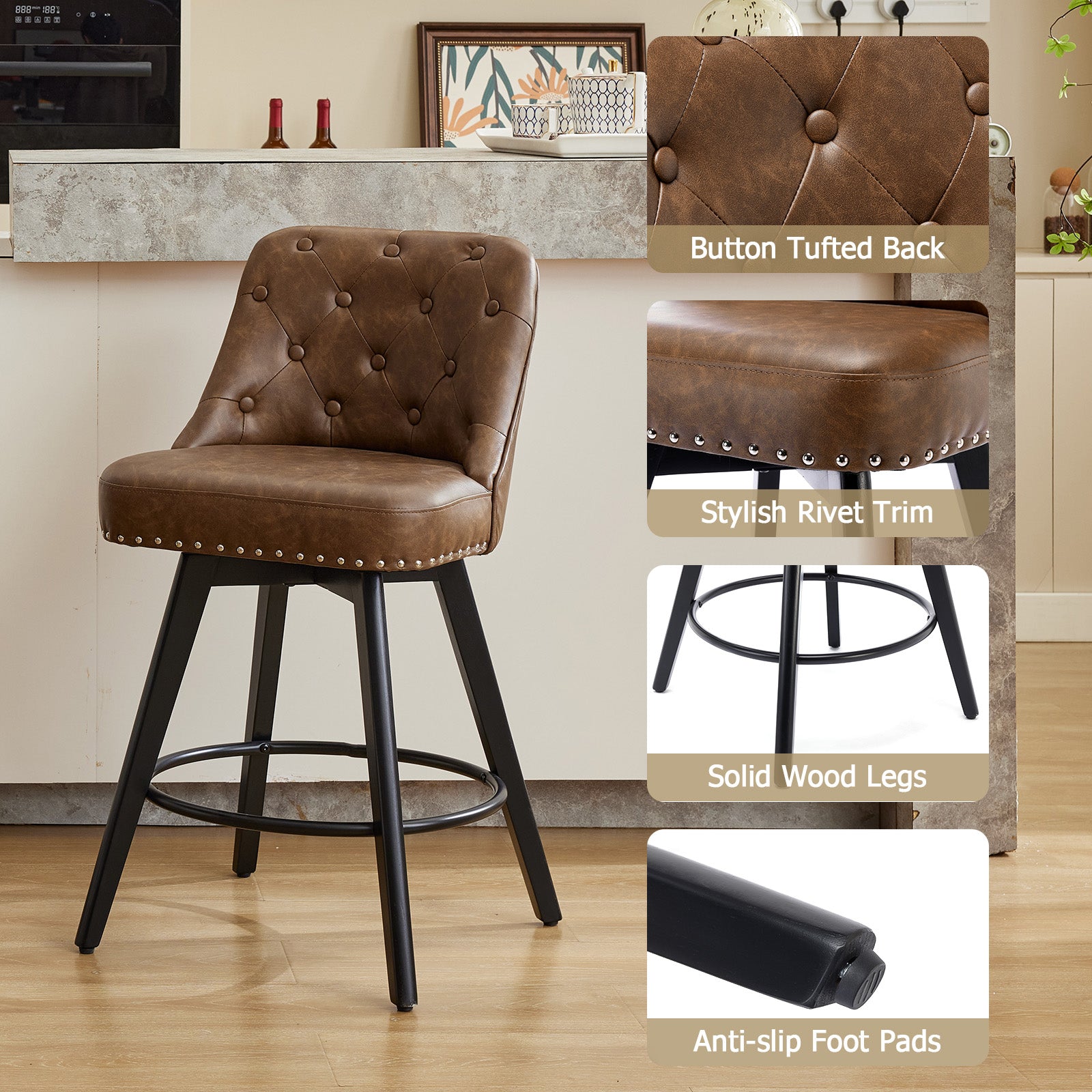 Garvee Counter Height Bar Stools Set of 2, Modern Swivel Bar Stools with Back and Wood Legs, 26" H, Leather Brown for Kitchen Island Home Bar