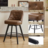 Garvee Counter Height Bar Stools Set of 2, Modern Swivel Bar Stools with Back and Wood Legs, 26" H, Leather Brown for Kitchen Island Home Bar
