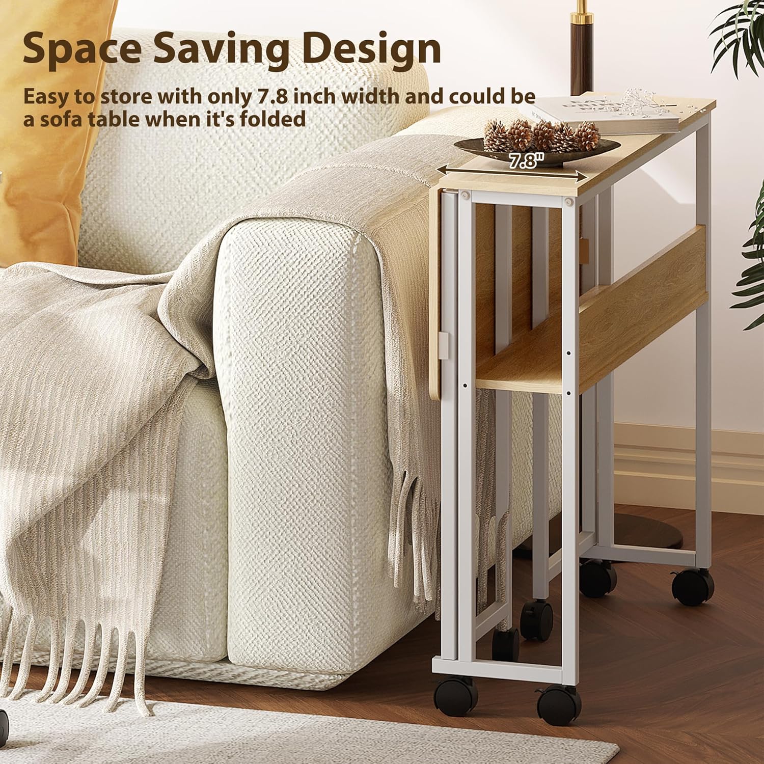 Garvee Folding Desk Small Rolling Desk with Storage Shelf for Home Office and Study, 24.8 Inch, Foldable, Space-Saving, with Wheels