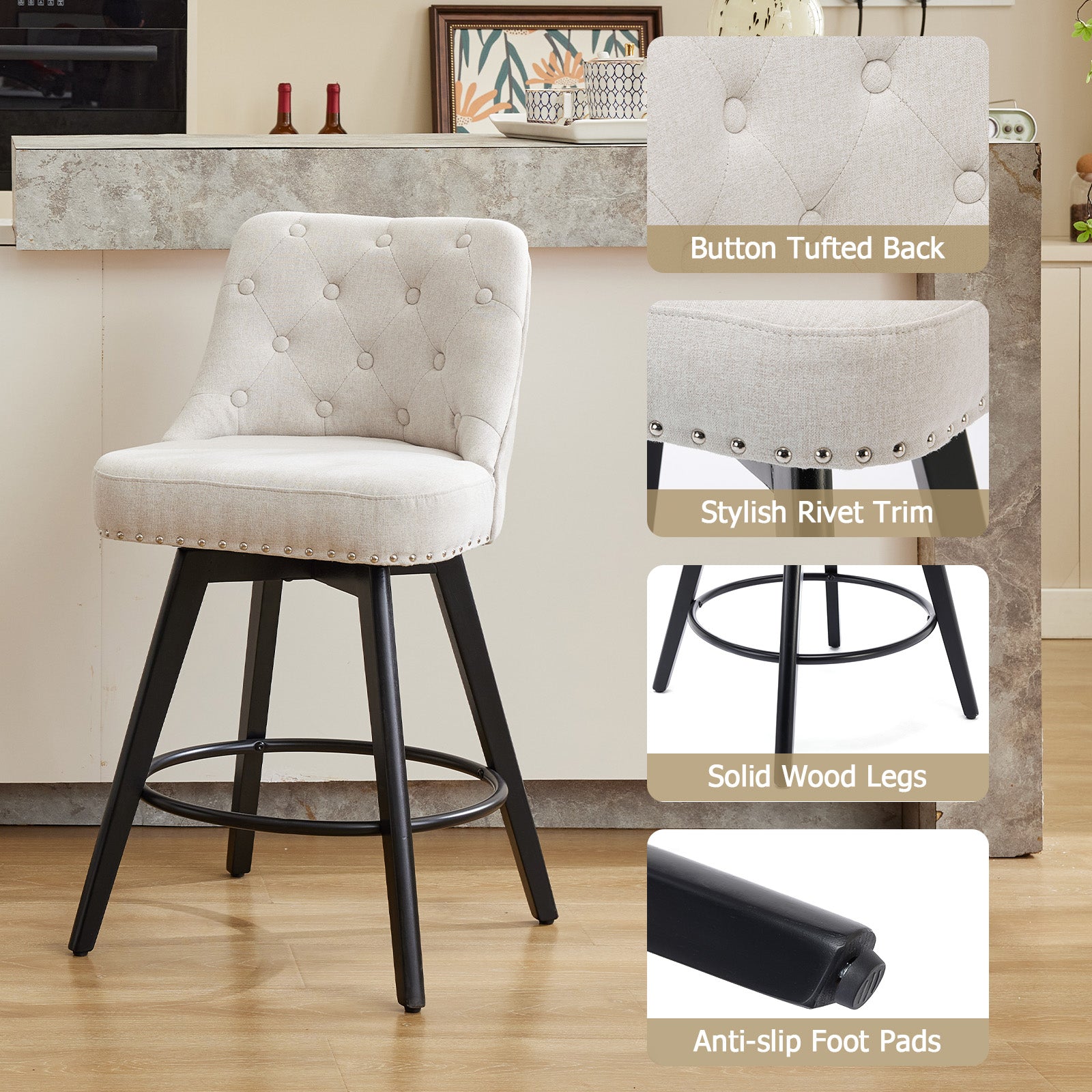 Garvee Counter Height Bar Stools Set of 2, Modern Swivel Bar Stools with Back and Wood Legs, 26 in Seat Height, Linen Fabric Beige for Kitchen Island and Home Bar