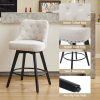 Garvee Counter Height Bar Stools Set of 2, Modern Swivel Bar Stools with Back and Wood Legs, 26 in Seat Height, Linen Fabric Beige for Kitchen Island and Home Bar