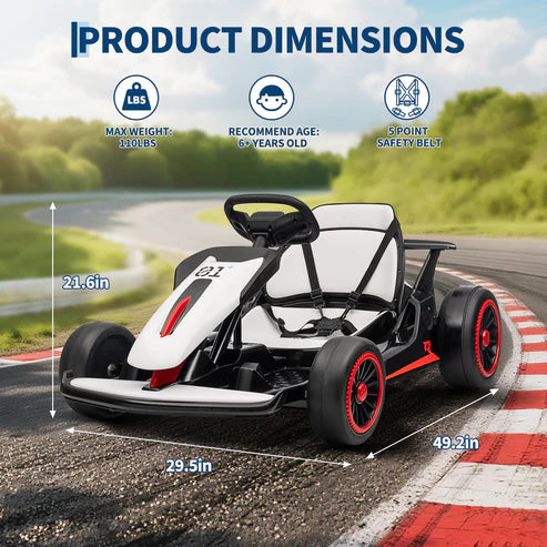 Garvee Ride - G Series: 6+,24V Drift Kart with 2X150W Strong Motor, 7AH Big Battery, Electric Pedals, Electric Go Kart Outdoor Race Toy - White