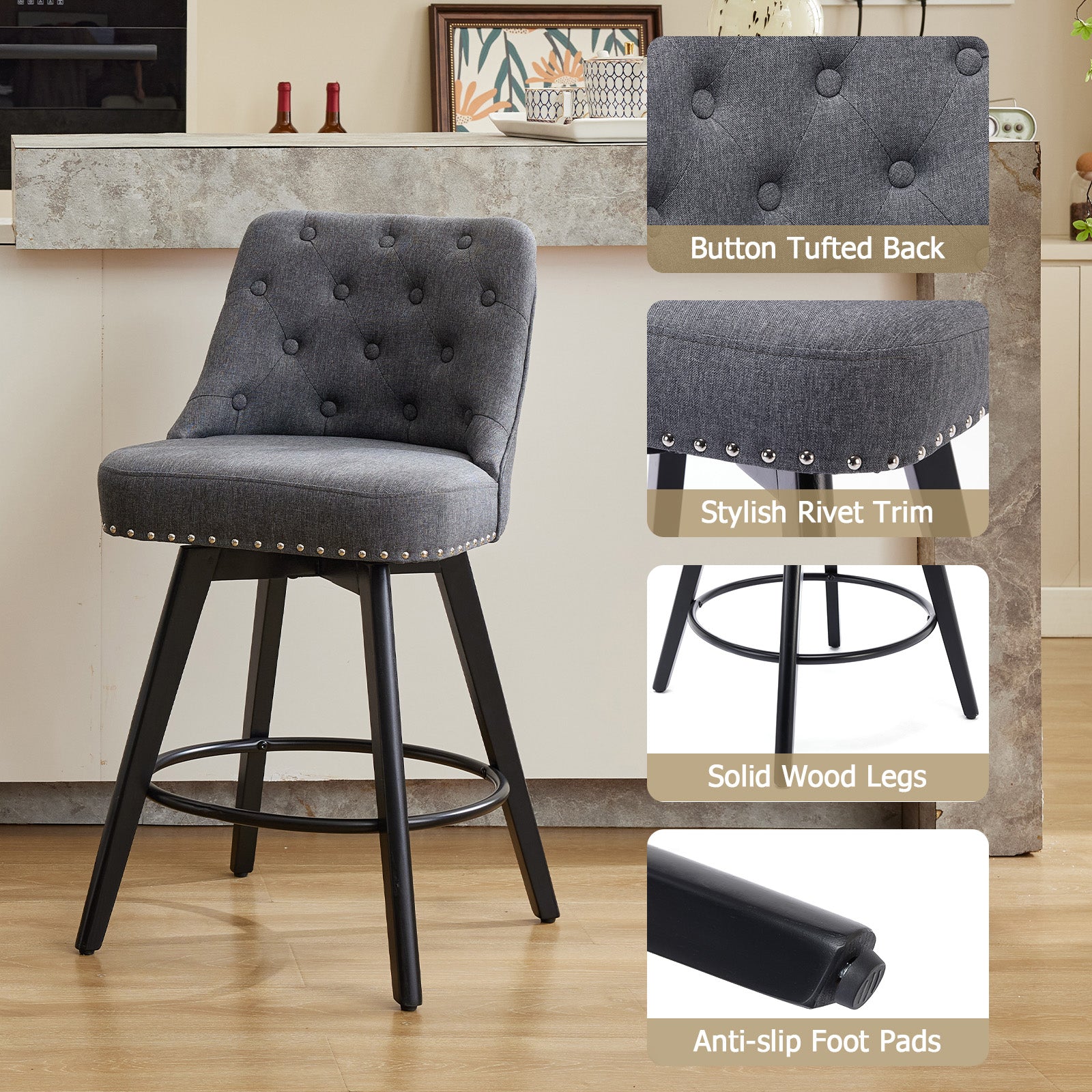 Garvee Counter Height Bar Stools Set of 2, Modern Swivel Bar Stools with Back and Wood Legs, 26" H Seat Height, Linen Fabric Gray for Kitchen Island Home Bar