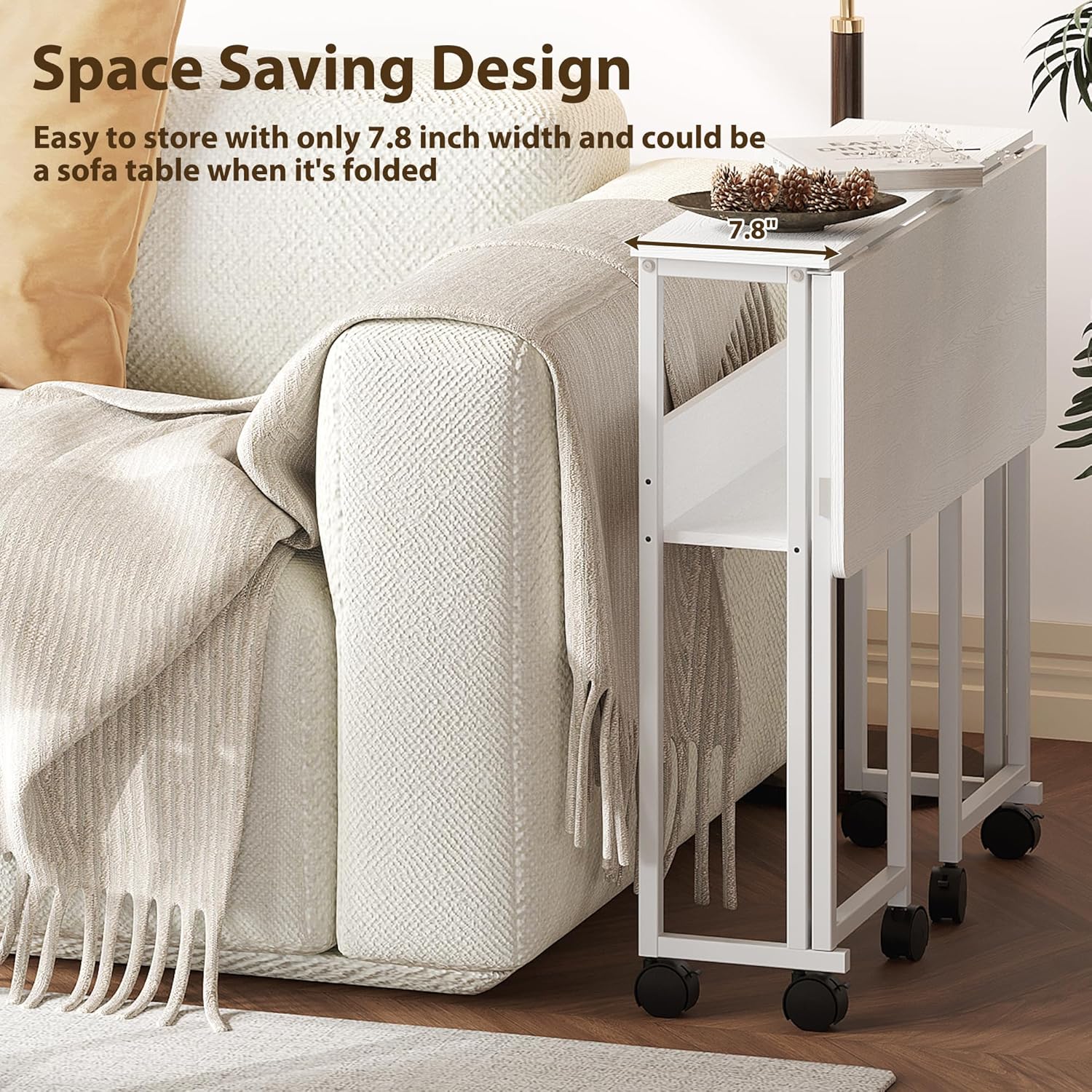 Garvee Folding Desk Small Rolling Desk with Storage Shelf for Home Office Study 24.8 Inch White Space-Saving Foldable