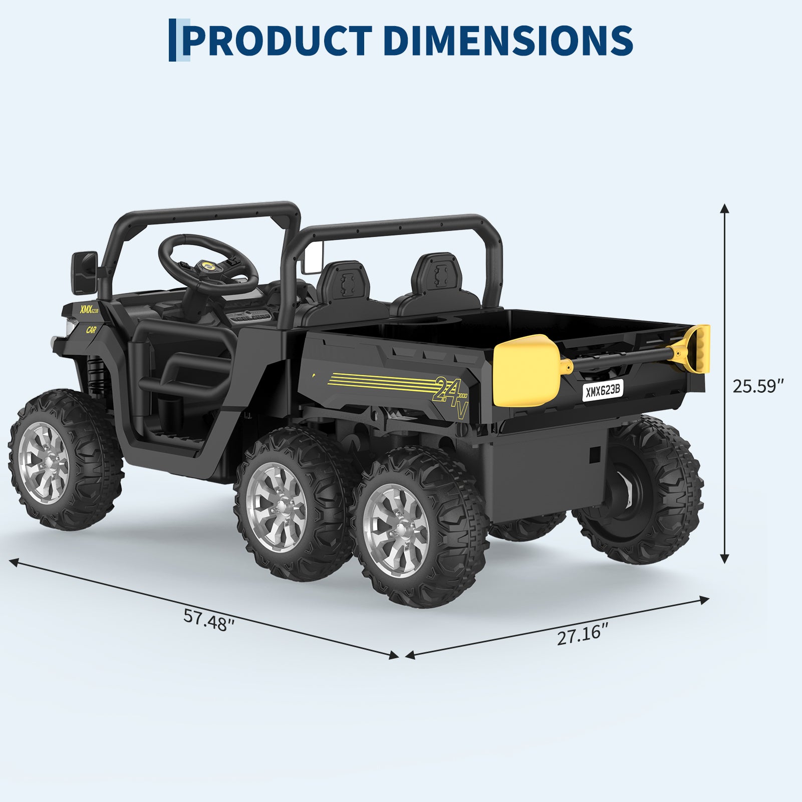 Garvee Camion benne électrique 24 V pour enfants, voiturette 2 places avec télécommande parentale, 4 roues motrices 6 roues, benne de style UTV, musique Bluetooth, noir
