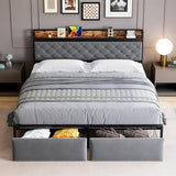 Garvee King Bed Frame with RGB LED Lights + 2 Drawers + Metal Slats + USB Ports & Outlets + Grey Upholstered Headboard + No Box Spring Needed + Bedroom - Grey