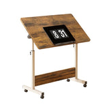 Garvee Adjustable Height Rolling Laptop Table with Foldable Panel and Lockable Wheels for Home and Office, White Wood, Portable