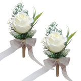 Garvee 2Pcs Wedding Boutonniere Artificial Rose Flowers for Men Women, Party Suit, Anniversary, Formal Dinner, Prom Decorations, 6cm x 13cm, Green - White