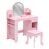 Garvee Kids Vanity With LED Mirror & Stool, Adjustable Light, Storage Drawer & Shelves, Pink, For Girls 3-9 Years, Bedroom Or Playroom