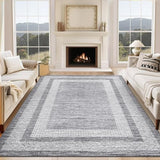 Garvee Bordered Grey 9x12 Large Area Distressed Modern Rug Soft Non Shedding Floor Carpet, Geometric Rug, Washable Non Slip Rug, Low Pile Indoor Area Rug for Living Room, Bedroom - Grey