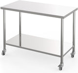 Garvee 60" x 24" Stainless Steel Work Table With Adjustable Undershelf & Locking Casters For Kitchen Restaurant Garage Outdoor Use, 2-Tier, Silver