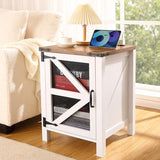 Garvee Farmhouse Nightstand with Charging Station, 18" Bedside End Table with Barn Mesh Door and Adjustable Shelf, Rustic Sofa Side Table for Bedroom Living Room, White