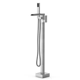 Garvee Floor Mount Bathtub Faucet Brushed Nickel - Single Handle Freestanding Tub Filler with Hand Shower & 360° Swivel Spout for Bathroom, 70-Inch Hose, Matte Black - Brushed Nickel