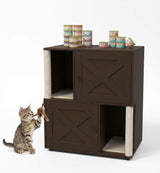 Garvee Double Layer Cat Litter Box Furniture with Scratching Post and Litter Mats, Wooden Corner Cabinet for Cats, Multi-Functional, Easy to Clean, Natural Wood Color - Brown X-Door