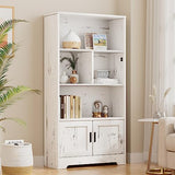 Garvee Bookcase with Doors White Bookshelf with LED Lights Modern Storage Rack Wood Standing Bookshelves Large Display Shelf Unique Book Shelf for Bedroom, Living Room, Home Office