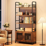 Garvee Bookshelf with Doors Industrial Bookcase with 4 Tiers Open Storage Shelf Rustic Bookshelves 70.87" Tall Display Rack Cabinet Farmhouse Bookshelf for Bedroom, Living Room, Home Office, Brown