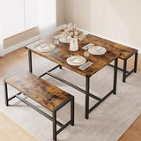 Garvee Dining Table Set for 4, Kitchen Table with Benches, Rectangular Dining Room Table Set with 2 Metal Wood Benches, 3 Piece Dining Table Set for Small Space, Apartment, Dinette, Vintage - Vintage