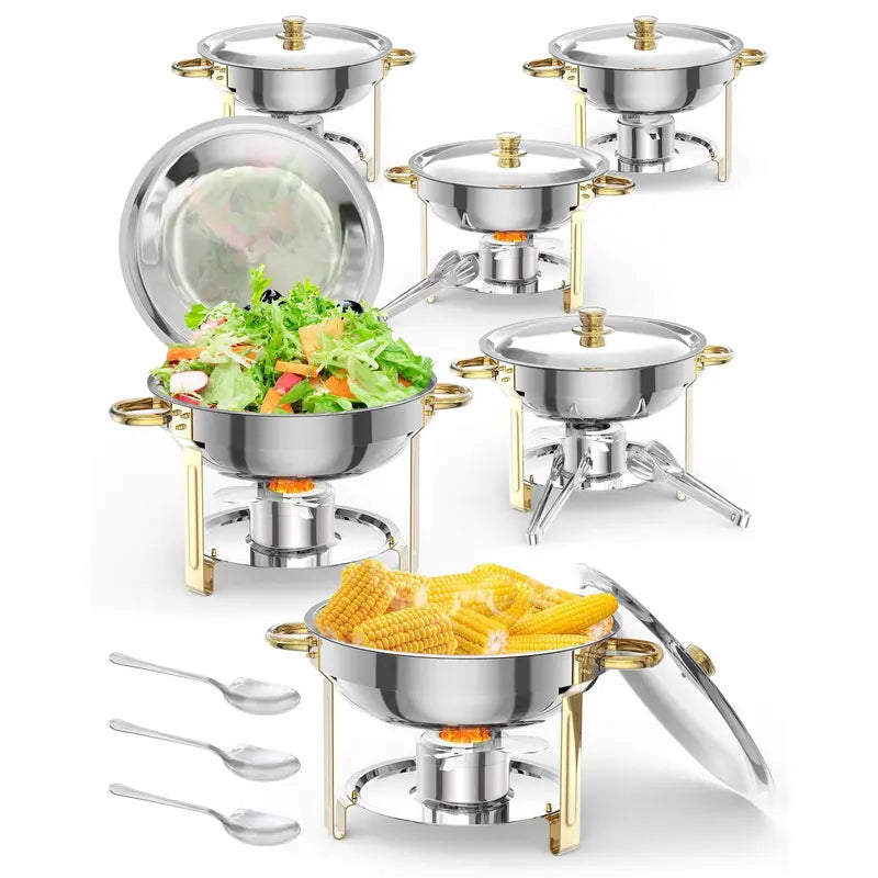 Garvee Chafing Dish for Buffet 6 Pack, 5QT Round Chafing Dishes Buffet Set w/Lid Holder, Stainless Steel Chafers and Food Warmers with Spoon and Tweezers for Parties, Weddings, Events, Banquet, Gold