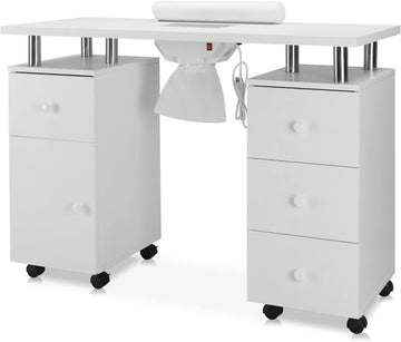 Garvee White Manicure Table with Electric particles Collector – 4 Drawers, Side Cabinet, Lockable Wheels & Wrist Rest, Portable Nail Desk for Salon or Home Storage Furniture, White US Standard