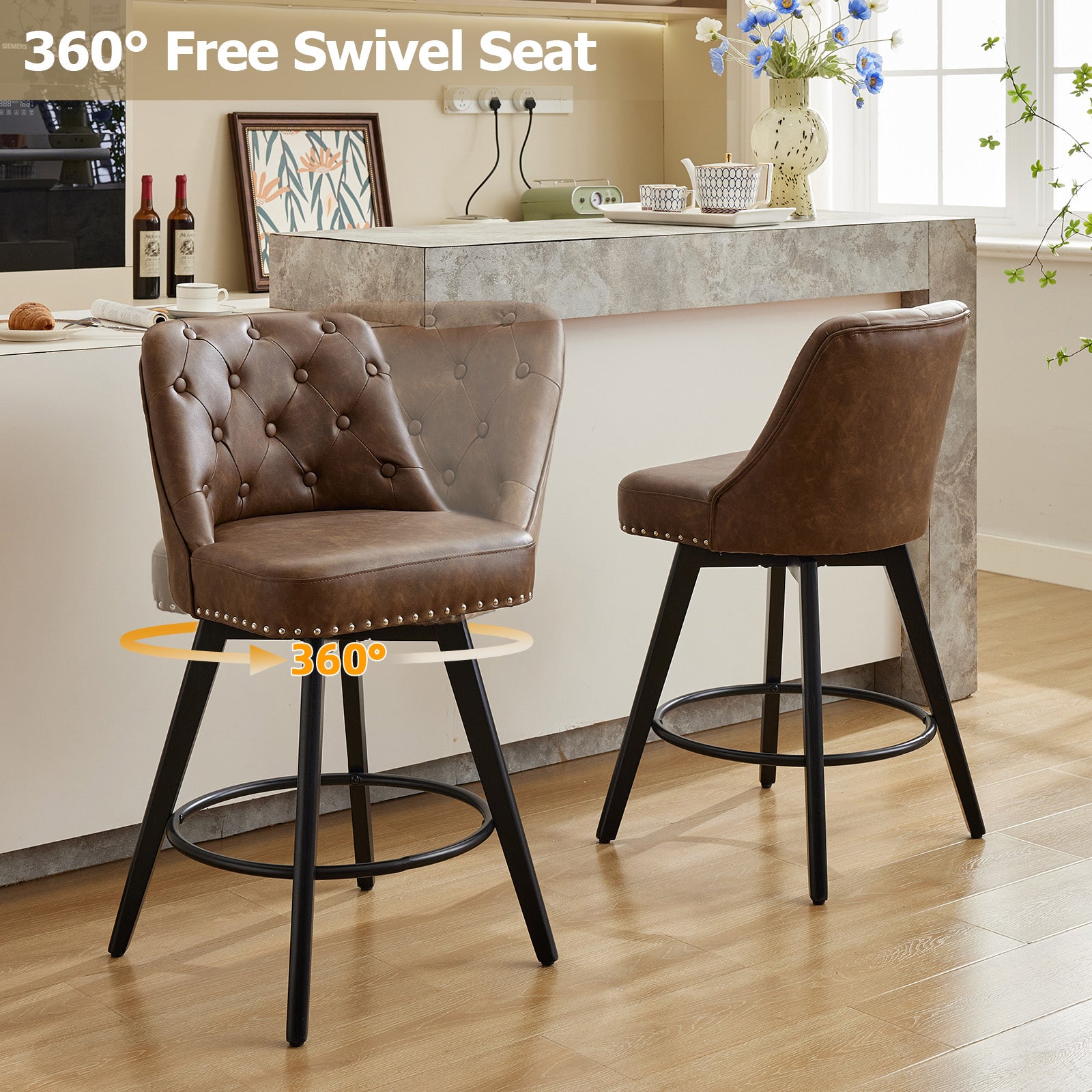 Garvee Counter Height Bar Stools Set of 2, Modern Swivel Bar Stools with Back and Wood Legs, 26" H, Leather Brown for Kitchen Island Home Bar