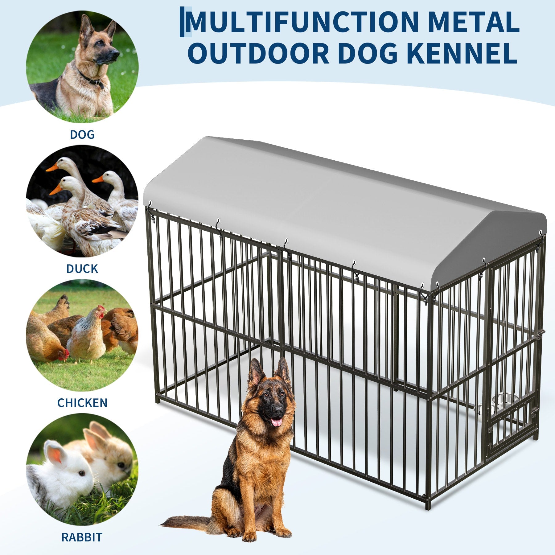 Garvee 8×4×6FT Large Heavy Duty Outdoor Dog Kennel with Lock, Rotating Stainless Steel Bowl, Waterproof Roof, for All Dog Breeds, Metal, Weatherproof