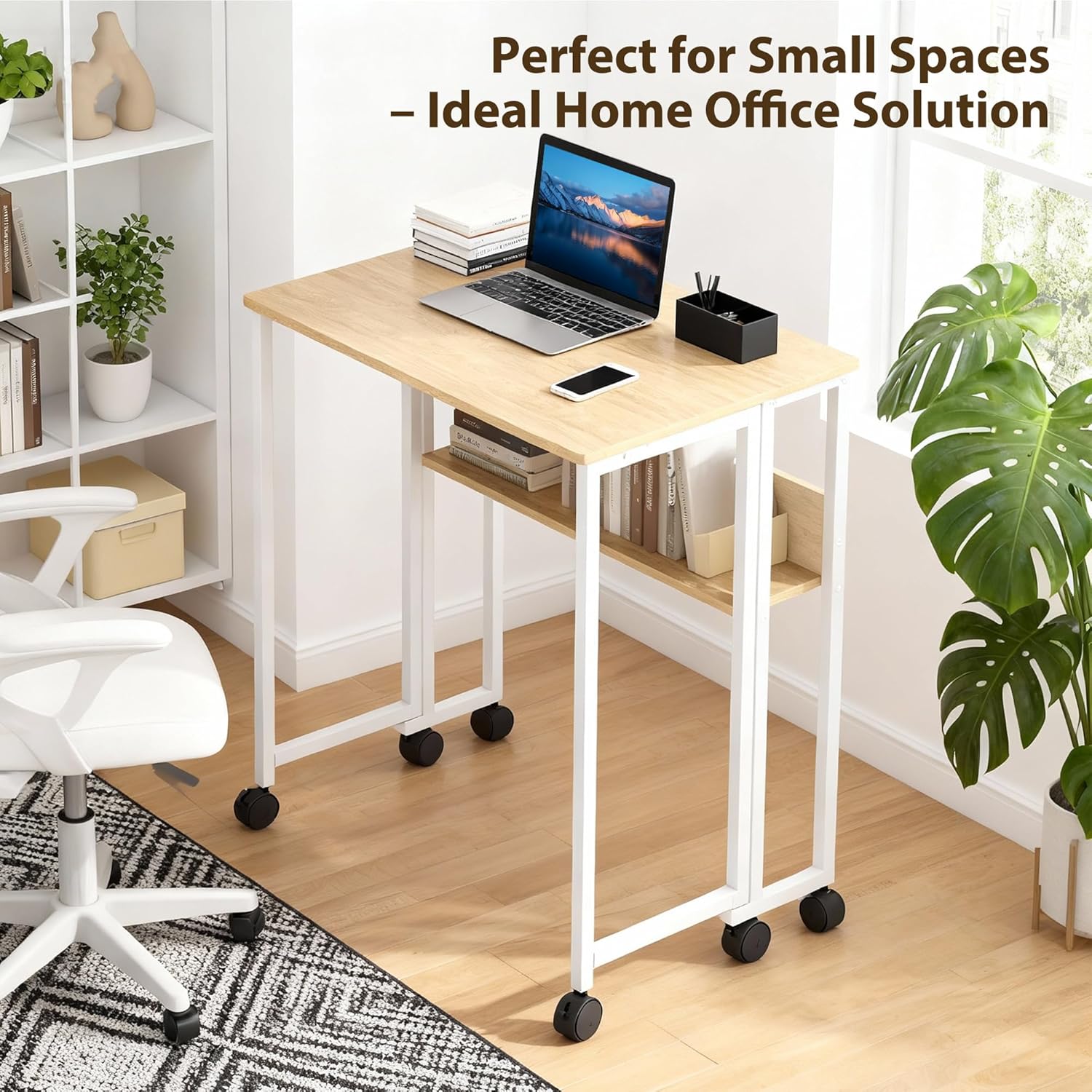 Garvee Folding Desk Small Rolling Desk with Storage Shelf for Home Office and Study, 24.8 Inch, Foldable, Space-Saving, with Wheels