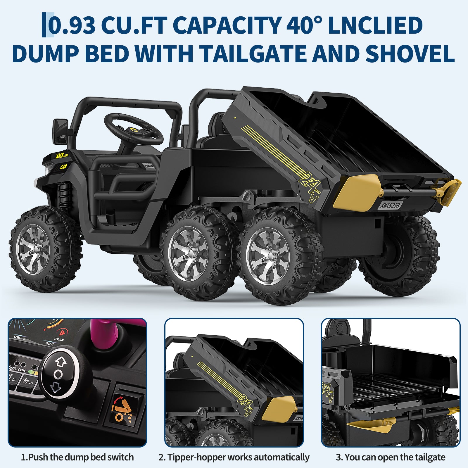 Garvee Camion benne électrique 24 V pour enfants, voiturette 2 places avec télécommande parentale, 4 roues motrices 6 roues, benne de style UTV, musique Bluetooth, noir