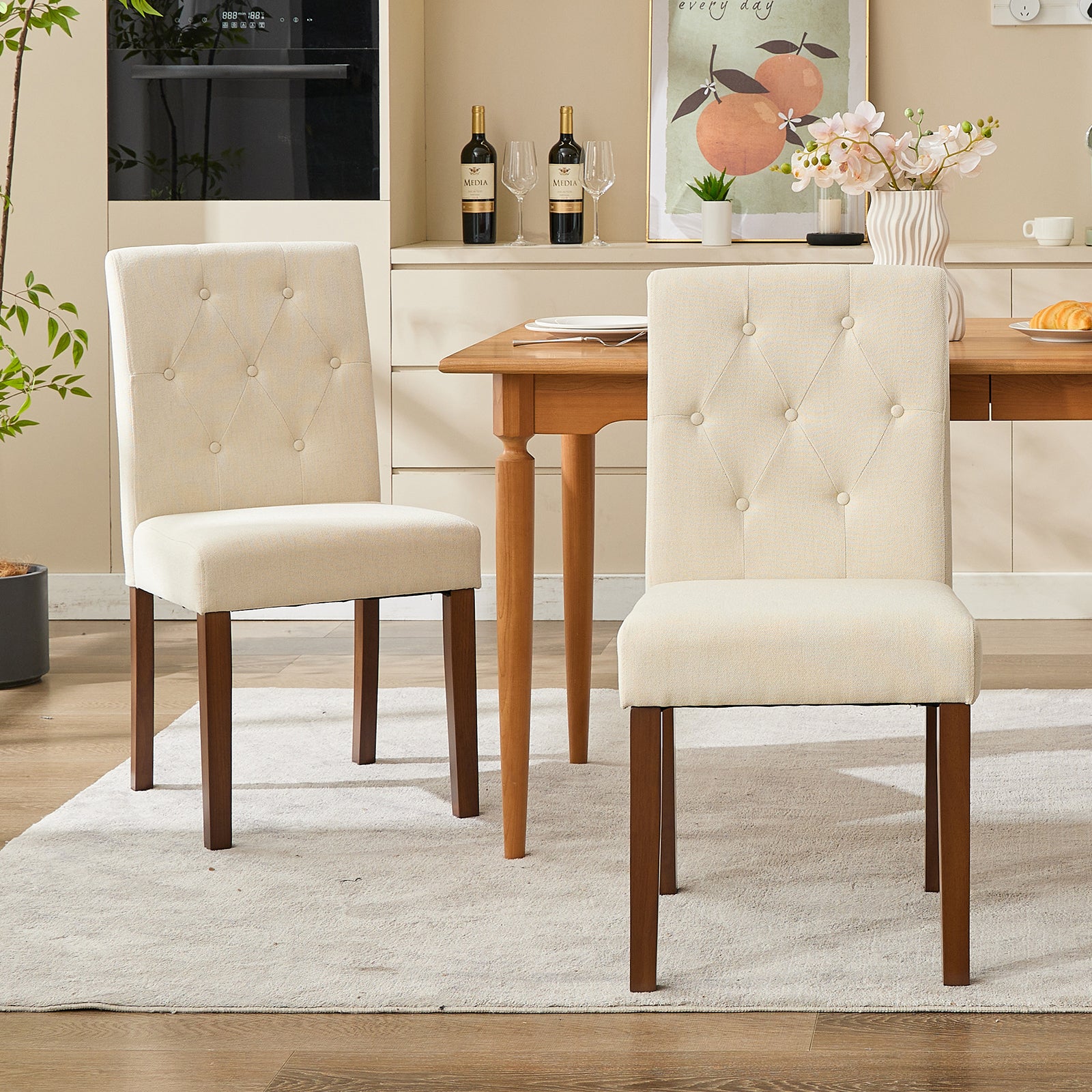 Garvee Parsons Button Tufted Dining Chairs Set of 2 - Upholstered Fabric Kitchen Chairs with Wood Legs & Padded Seats - Beige