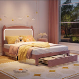 Garvee Kids Full Size Bed Frame with Storage Drawer & Cat Headboard, Upholstered Princess Platform Bed, Pink & White, Sturdy Wood Slats, No Box Spring Needed - Pink